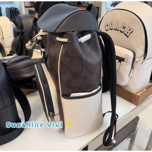 NWT COACH CY775 Racer Backpack Blocked Signature Canvas Leather Walnut Chalk - Picture 5 of 12